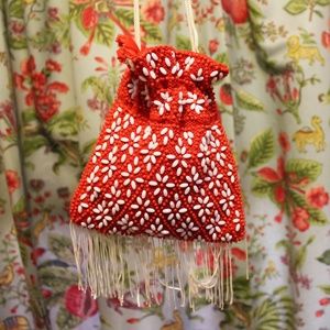 CLEARANCE - 60s 70s Beaded Fringe Drawstring Purse